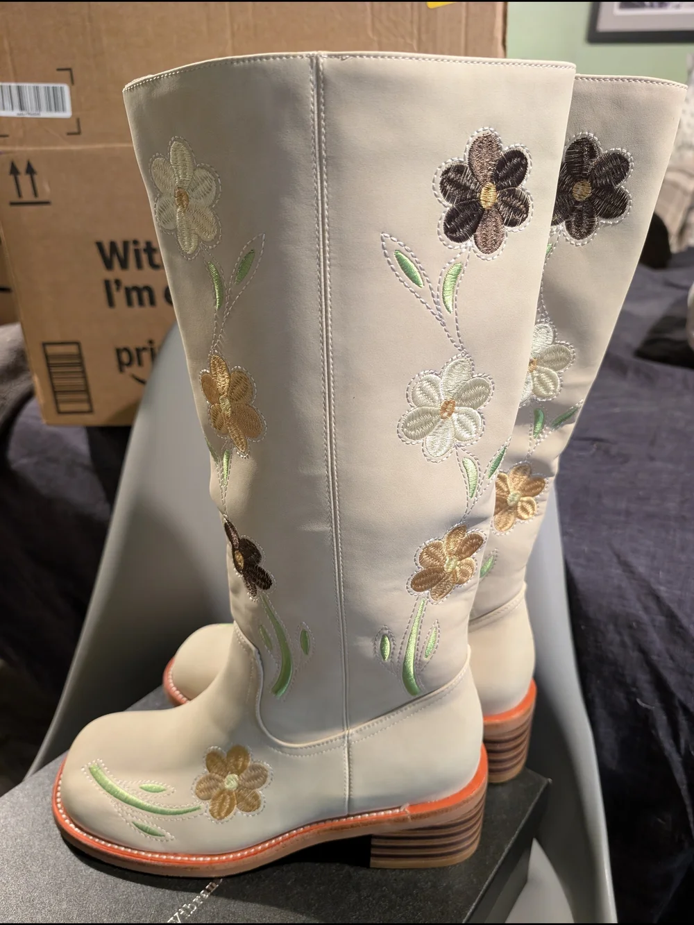 Embroidered Cream Over-the-Knee Boots with Floral Detail